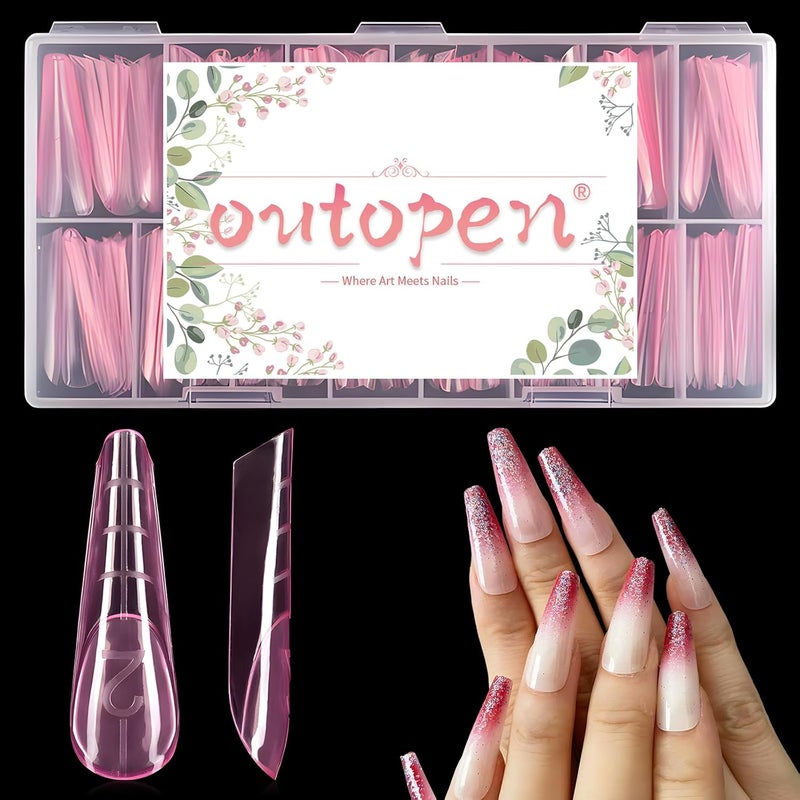 Outopen 150pcs Long Curved Tapered Stiletto Nail Forms Clear Pink Full Cover Nail Extension Art Mold with Scale Reusable Nail Forms for Polygel Acrylic Extension Beginners DIY Manicure, 15 Sizes - Image 1